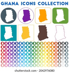 Ghana icons collection. Bright colorful trendy map icons. Modern Ghana badge with country map. Vector illustration.