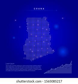 Ghana illuminated map with glowing dots. Infographics elements. Dark blue space background. Vector illustration. Growing chart, lorem ipsum text.