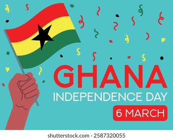 ghana independence day 6 march, ghana flag in hand. Greeting card, poster, banner template	
