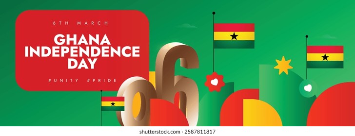 Ghana Independence Day 6 March 2025. Ghana Independence Day vibrant poster shows Ghanaian flags with bold 3D number 06 or some geometric shapes symbolizes national identity with unity and pride