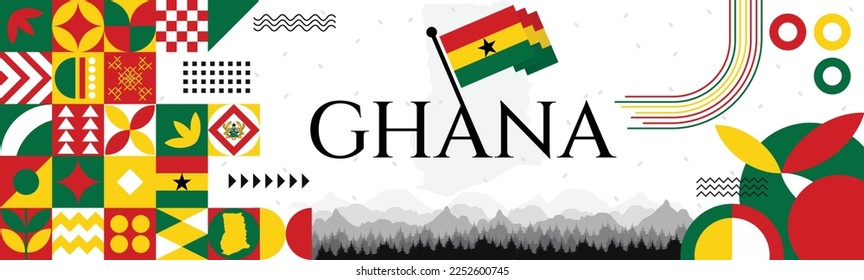 Ghana independence day banner with name and map. Flag color themed Geometric abstract retro modern Design. Red, yellow and green color vector illustration template graphic design.