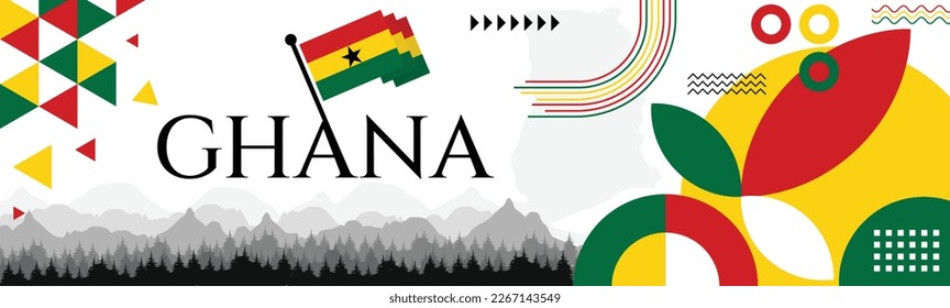 Ghana independence day banner with name and map. Flag color themed Geometric abstract retro modern Design. Red, yellow and green color vector illustration template graphic design.