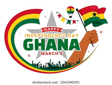 Ghana Independence Day Celebration Vector Illustration on March 6th, Featuring a Waving Flag in a National Holiday Flat Style Cartoon Background