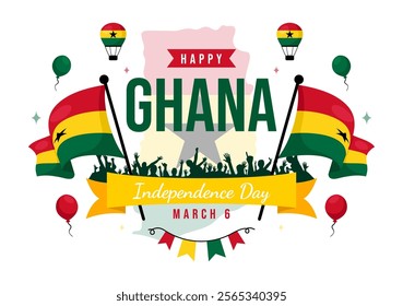 Ghana Independence Day Celebration Vector Illustration on March 6th, Featuring a Waving Flag in a National Holiday Flat Style Cartoon Background