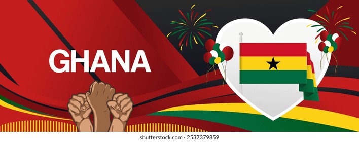 Bandeira festiva do dia da independência do Gana. Modelos modernos vibrantes para comemoração de feriado, cartão de saudação, outdoor e cenários de eventos esportivos. 6 de março. Feliz dia nacional de Gana