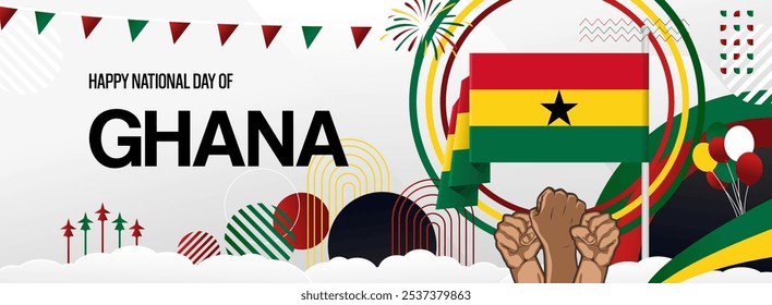 Ghana independence day festive banner. Vibrant modern templates for holiday celebration, greeting card, billboard, and sport event backdrops. March 6th. Happy national day of Ghana