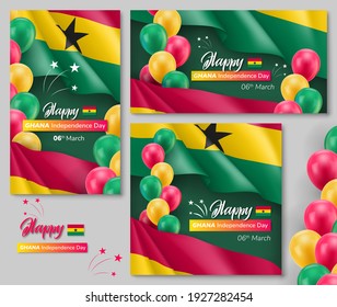 Ghana Independence Day festliche Banner Set. Froher 6. März Feiertage Hintergrund, Poster, Karte in nationalen patriotischen Farben, aufblasbare Ballons und Fest-Text realistische Vektorgrafik