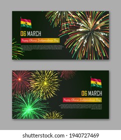 Ghana Independence Day fireworks backgrounds set. National day of Ghana country celebration banner, greeting card, poster, backdrop with fireworks and waving flags realistic vector illustration