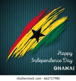 Ghana Independence Day Patriotic Design. Expressive Brush Stroke in National Flag Colors on dark striped background. Happy Independence Day Ghana Vector Greeting Card.