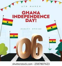 Ghana Independence Day. Ghana Independence Day poster in 3D number 06 prominently with Ghanaian flags, trees and roadway shows national pride and celebration. 06 March 2025 Vector illustration