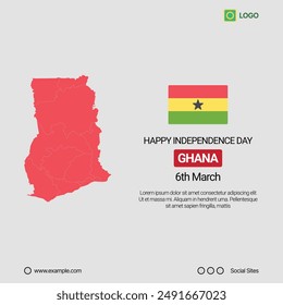 Ghana Independence Day Social Media Banner, Editable Vector Design with Map and Flag