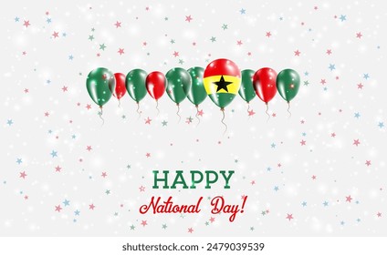 Ghana Independence Day Sparkling Patriotic Poster. Row of Balloons in Colors of the Ghanaian Flag. Greeting Card with National Flags, Confetti and Stars.