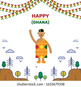 Ghana Independence Day vector concept with a male figure smiling and waving at camera, isolated in white background with trees scenery