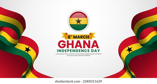 Ghana Independence Day waving ribbon flag for greeting card, banner with blank space area