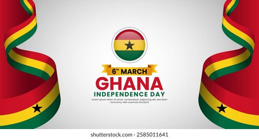 Ghana Independence Day waving ribbon flag for greeting card, banner with blank space area