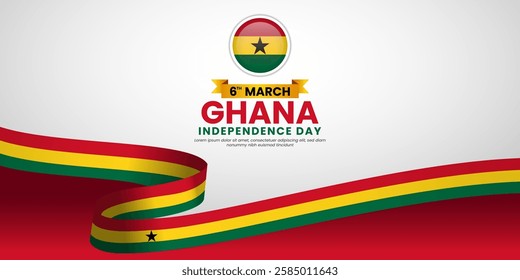 Ghana Independence Day waving ribbon flag for greeting card, banner with blank space area