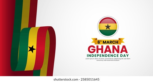 Ghana Independence Day waving ribbon flag for greeting card, banner with blank space area