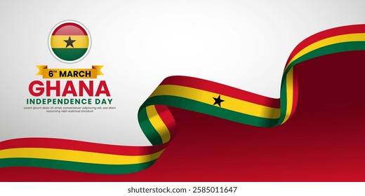 Ghana Independence Day waving ribbon flag for greeting card, banner with blank space area