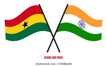 Ghana and India Flags Crossed And Waving Flat Style. Official Proportion. Correct Colors.