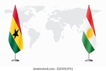 Bandeiras de Gana e do Curdistão para reunião oficial contra o fundo do mapa do mundo.