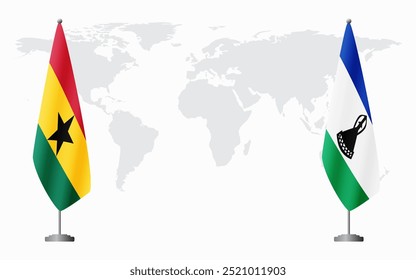 Bandeiras de Gana e Lesoto para reunião oficial contra o fundo do mapa do mundo.