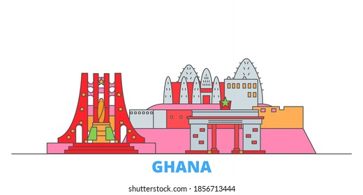 Paisaje urbano en línea de Ghana, vector plano. Punto de referencia de la ciudad de viajes, ilustración de oultine, íconos del mundo de la línea