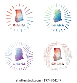 Ghana low poly sunburst set. Logo of country in geometric polygonal style. Vector illustration.
