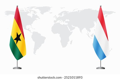 Bandeiras de Gana e Luxemburgo para reunião oficial contra fundo do mapa do mundo.