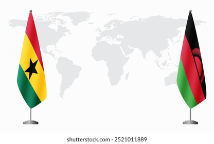 Bandeiras de Gana e Malawi para encontro oficial frente ao mapa do mundo.