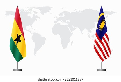 Bandeiras de Gana e Malásia para reunião oficial contra o fundo do mapa do mundo.