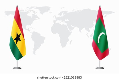 Bandeiras de Gana e Maldivas para reunião oficial contra o fundo do mapa do mundo.