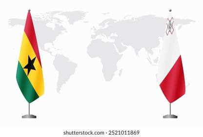 Banderas de Ghana y Malta para reunión oficial con el fondo del mapa mundial.