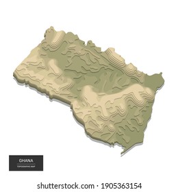 Ghana map - 3D digital high-altitude topographic map. 3D vector illustration. Colored relief, rugged terrain. Cartography and topology.