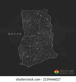 Ghana mapea el concepto abstracto de malla geométrica de luz poligonal con líneas de contorno de color blanco y negro países y puntos sobre fondo oscuro. Ilustración vectorial.