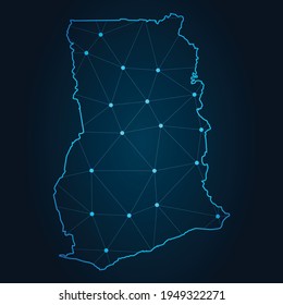 Mapa de ghana Resumen de la línea de purga y las escalas de puntos en el fondo oscuro. Línea de red poligonal de malla 3D del marco de cables.