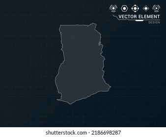 Mapa de Ghana del marco digital negro HUD, GUI, interfaz de interfaz de usuario vector de radar.