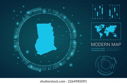 Mapa de Ghana del marco digital azul Futuritic Sci Fi Modern User vector HUD, GUI, interfaz de interfaz de usuario.