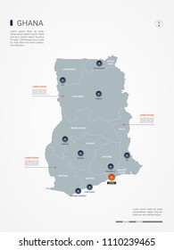 Ghana map with borders, cities, capital Accra and administrative divisions. Infographic vector map. Editable layers clearly labeled.