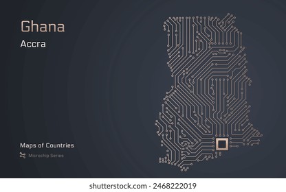 Ghana Map with a capital of Accra Shown in a Microchip Pattern with processor. E-government. World Countries vector maps. Microchip Series	