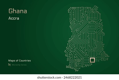 Ghana Map with a capital of Accra Shown in a Microchip Pattern with processor. E-government. World Countries vector maps. Microchip Series	