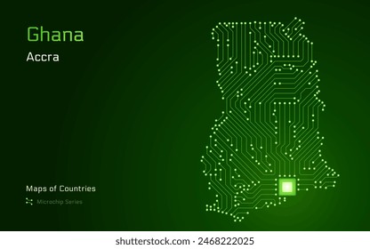 Ghana Map with a capital of Accra Shown in a Microchip Pattern with processor. E-government. World Countries vector maps. Microchip Series	