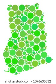 Ghana Map collage of randomized dots in various sizes and fresh green color tones. Vector circle elements are grouped into ghana map collage. Ecological geographic map design concept.