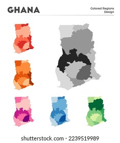 Ghana map collection. Borders of Ghana for your infographic. Colored country regions. Vector illustration.