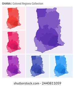 Ghana map collection. Country shape with colored regions. Deep Purple, Red, Pink, Purple, Indigo, Blue color palettes. Border of Ghana with provinces for your infographic. Vector illustration.