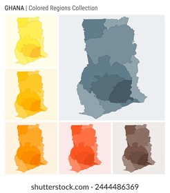 In: Ghana Map Kollektion. Form des Countrys mit farbigen Bereichen. Blau grau, gelb, bernsteinfarben, orange, tieforange, braune Farbpaletten. Grenze von Ghana mit Provinzen für Ihre Infografik. Vektorillustration.