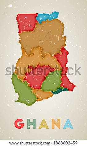 Ghana map with colored regions and a grunge texture. Vector illustration of Ghana with the country name.