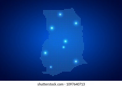 Ghana map with dotted style and glowing points star on blue background , Vector illustration