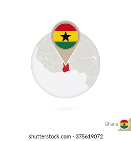 Ghana map and flag in circle. Map of Ghana, Ghana flag pin. Map of Ghana in the style of the globe. Vector Illustration.