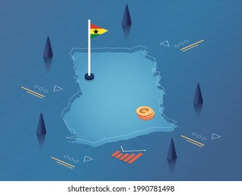 Diseño de ilustraciones en mapas, bandera y moneda de Ghana