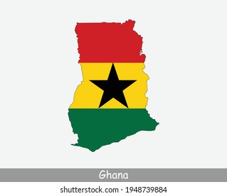 Ghana Map Flag. Map of the Republic of Ghana with the Ghanaian national flag isolated on white background. Vector Illustration.